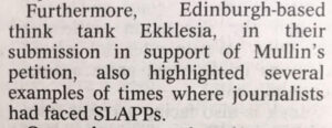 Newspaper clip saying that Ekklesia has given evidence on SLAPPs to the Scottish Parliament