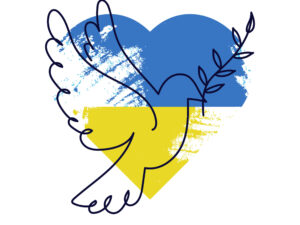 Dove and olive branch superimposed over Ukraine national flag collars, yellow and blue, in the form of a heart