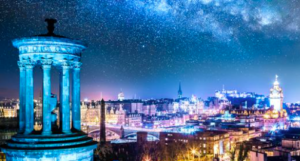 Dramatic night time lights on Calton Hill in Edinburgh
