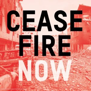 Ceasefire Now on background of destruction in Gaza